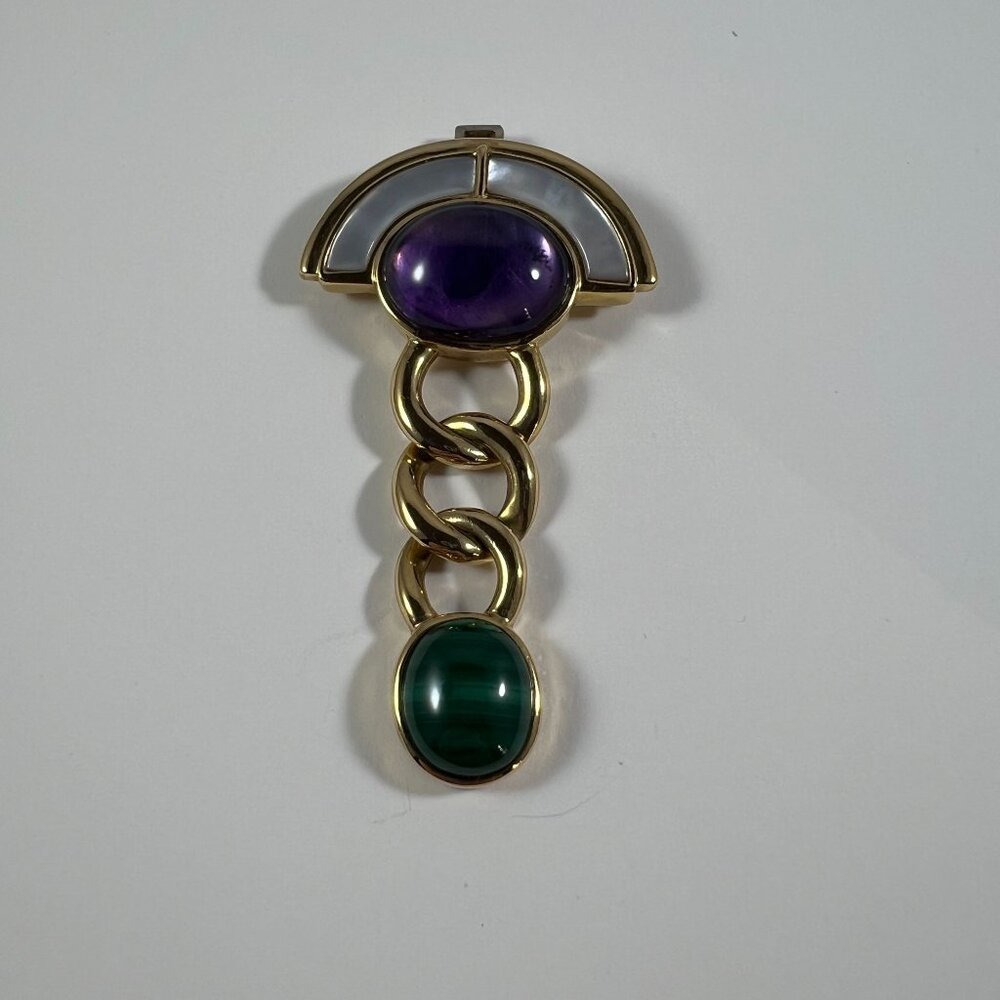 Vintage Kai Yinlo Gold-Plated 925 Sterling Silver Brooch With Amethyst & Malachi